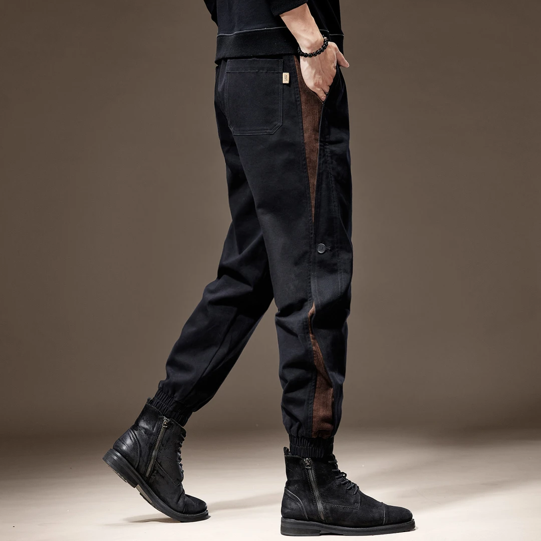 秋冬新款高端撞色拼接加绒工装裤子男宽松束脚美式哈伦休闲裤厚男