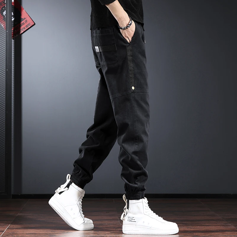 美式工装裤子男潮牌宽松束脚哈伦裤大码粗腿秋冬季收口纯棉休闲裤