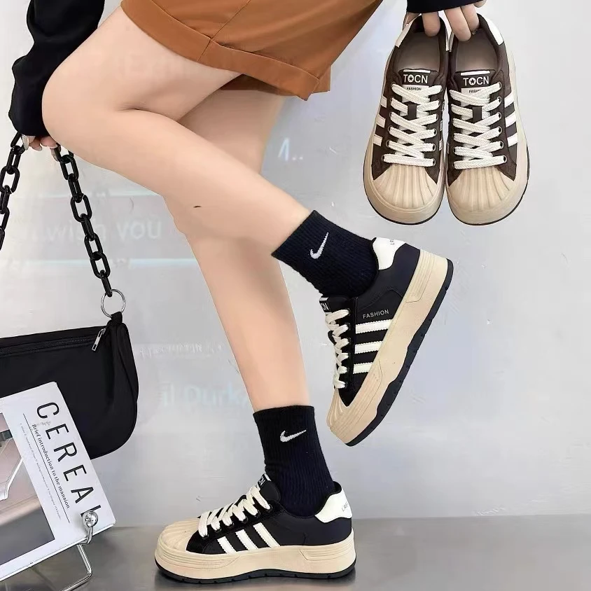 真皮贝壳鞋女ins潮2024秋季复古品脚小板鞋爆款运动溶解底小白鞋