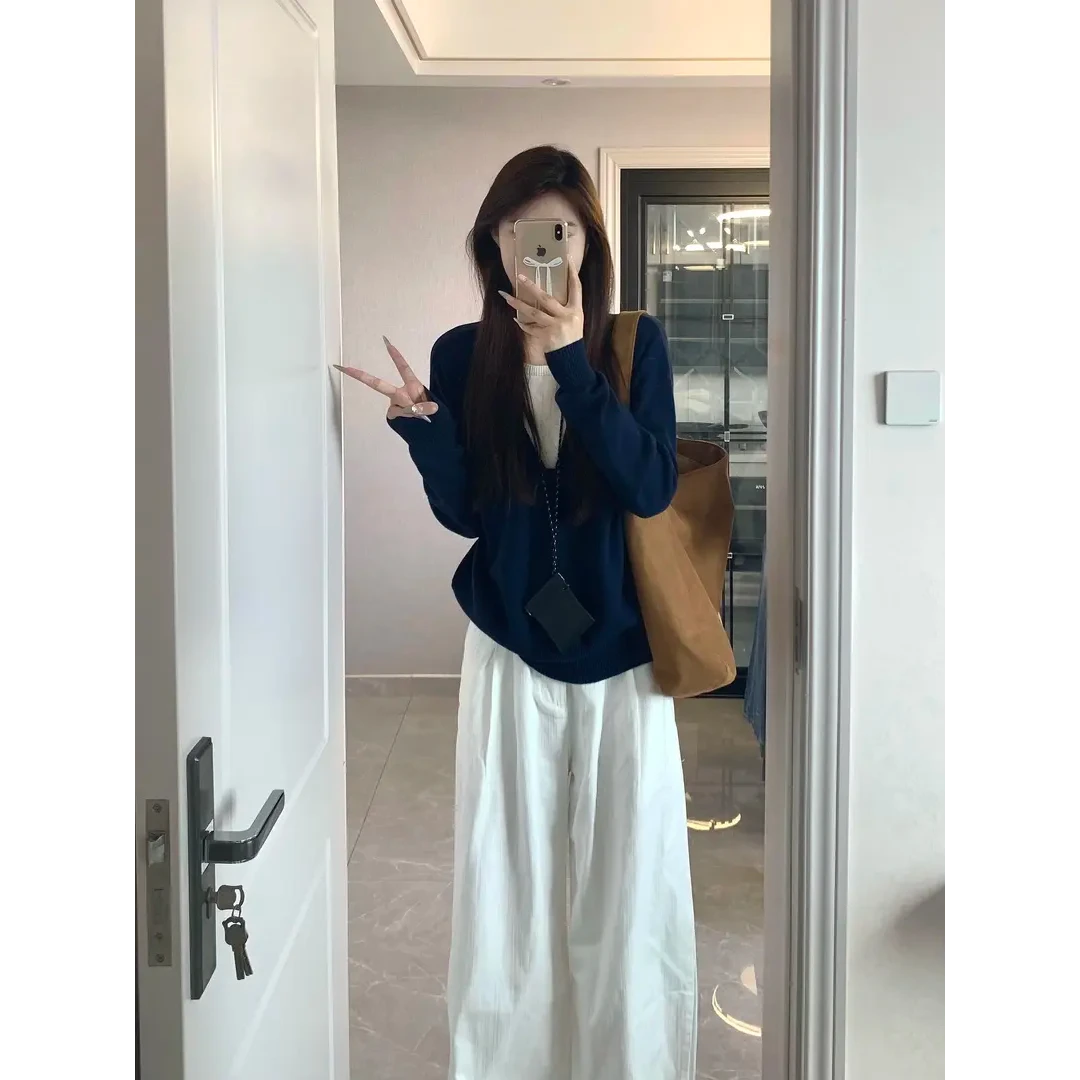 2024早秋新款慵懒风撞色假两件毛针织衫上衣高腰宽松阔腿裤套装女