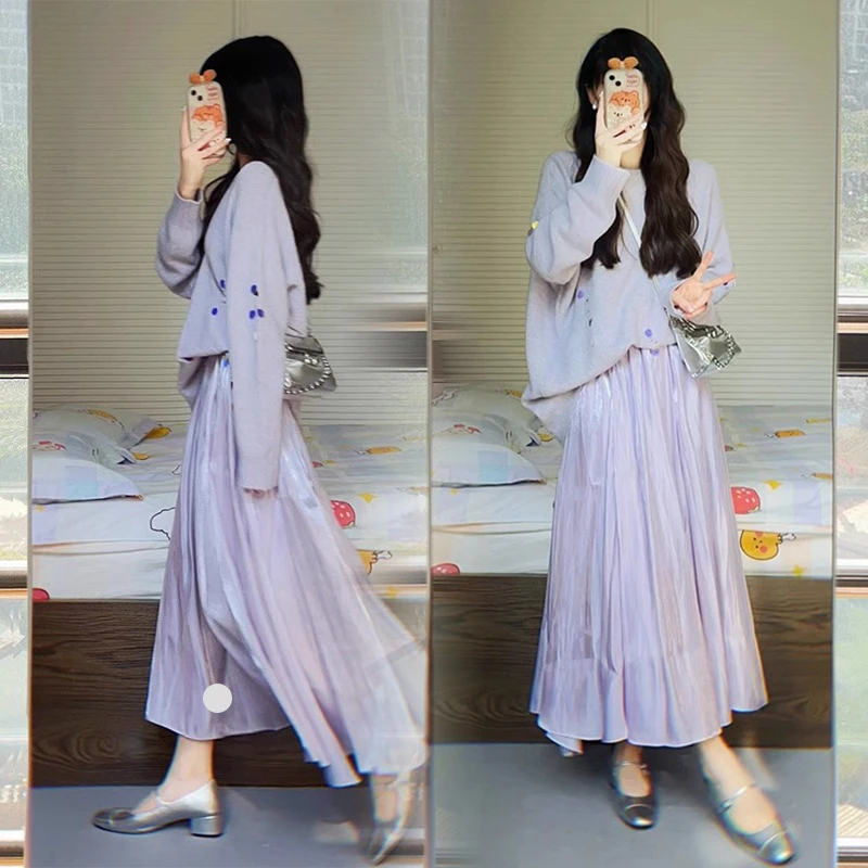 入秋穿搭一整套温柔气质紫色针织衫流光仙女气质半身裙长裙两件套