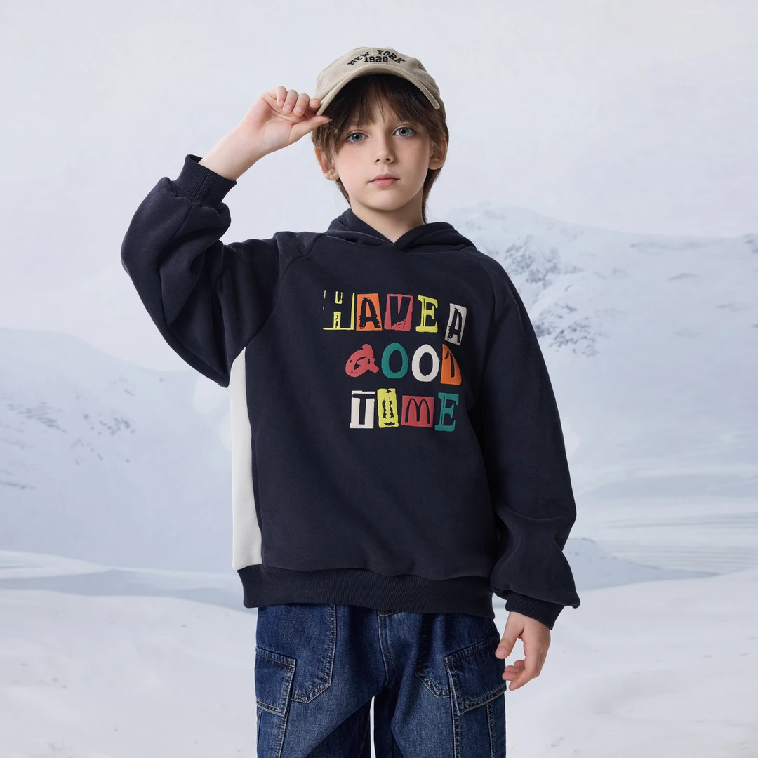 MQD童装24冬季新品男大童学院风卡通加绒连帽卫衣9644W0653