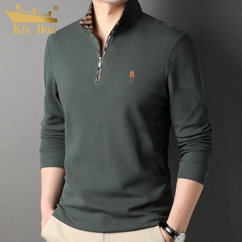 金盾长袖t恤男春秋季拉链半高立领上衣服纯棉卫衣男士纯色打底衫