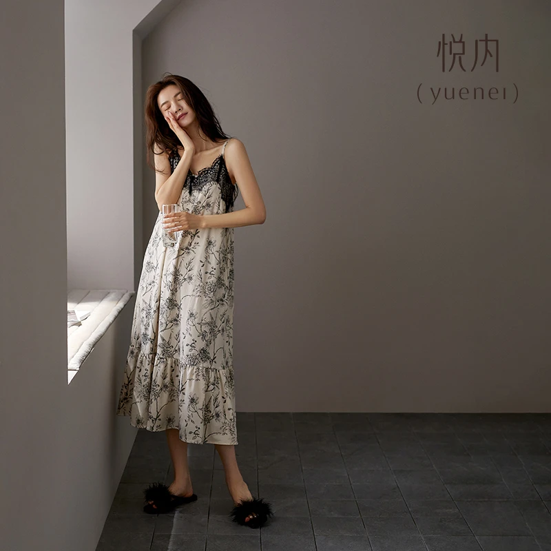 悦内带胸垫一体睡裙女款睡衣夏季莫代尔吊带夏款冰丝性感复古蕾丝