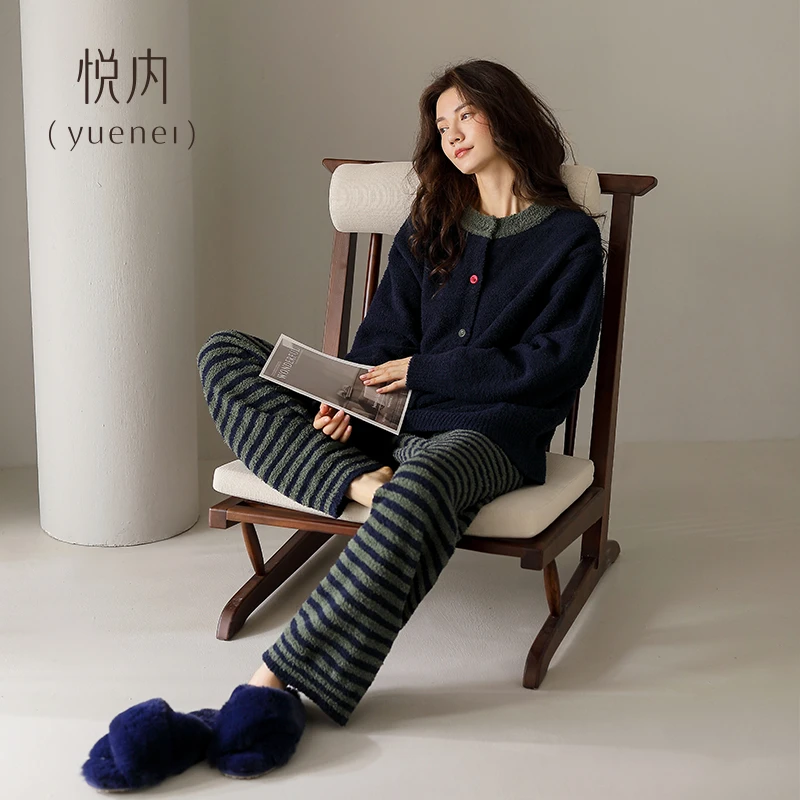 悦内半边绒睡衣女士秋冬款冬季毛绒加厚珊瑚绒家居服冬天保暖套装