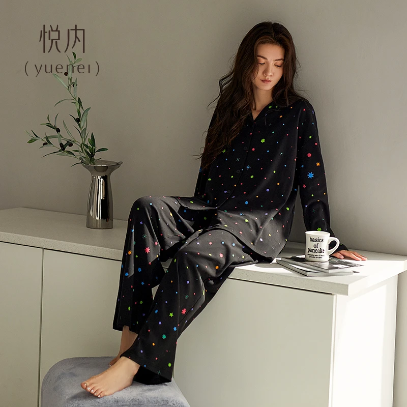 悦内睡衣女士款春秋季秋天纯棉长袖家居服宽松休闲开衫可外穿套装