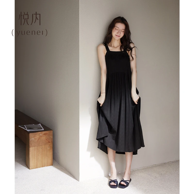 悦内带胸垫睡裙女士睡衣夏季无袖吊带背心纯棉长款夏款黑色高级感