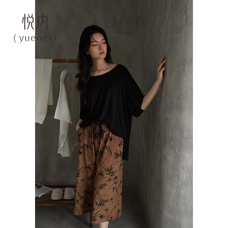悦内睡衣女款夏季纯棉短袖七分裤家居服夏款休闲可外穿出门中国风
