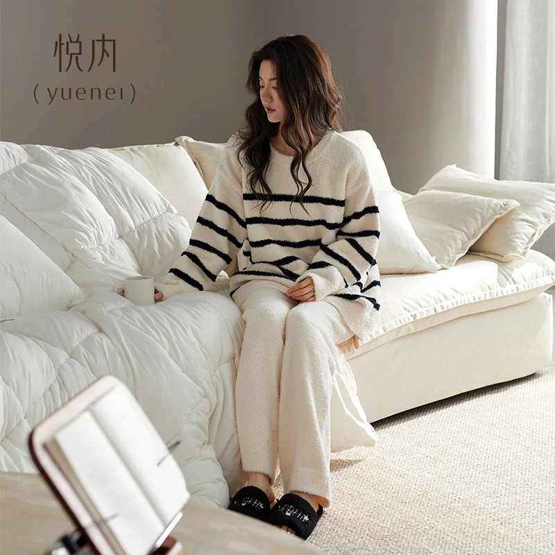 悦内半边绒睡衣女士秋冬款冬季加绒加厚珊瑚绒家居服保暖圆领套头