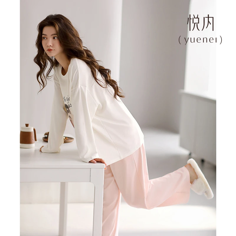 悦内【带胸垫】春秋款纯棉女士家居服套头可爱可外穿休闲睡衣套装