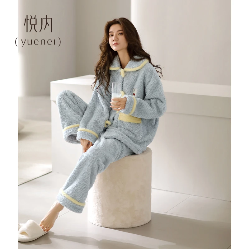 悦内睡衣女款秋冬季冬款珊瑚绒加绒法兰绒厚毛绒家居服休闲可外穿