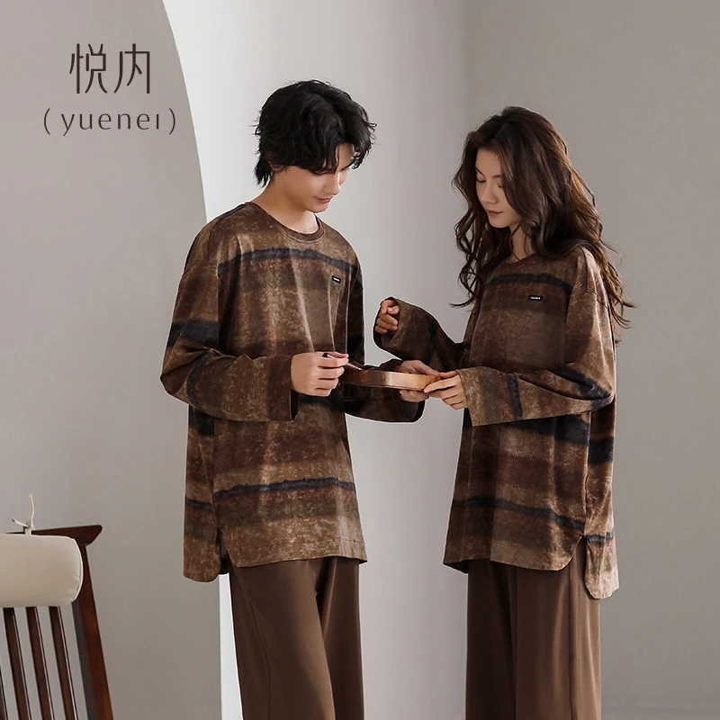 悦内情侣睡衣男春秋款秋季纯棉长袖家居服女士复古套头圆领可外穿