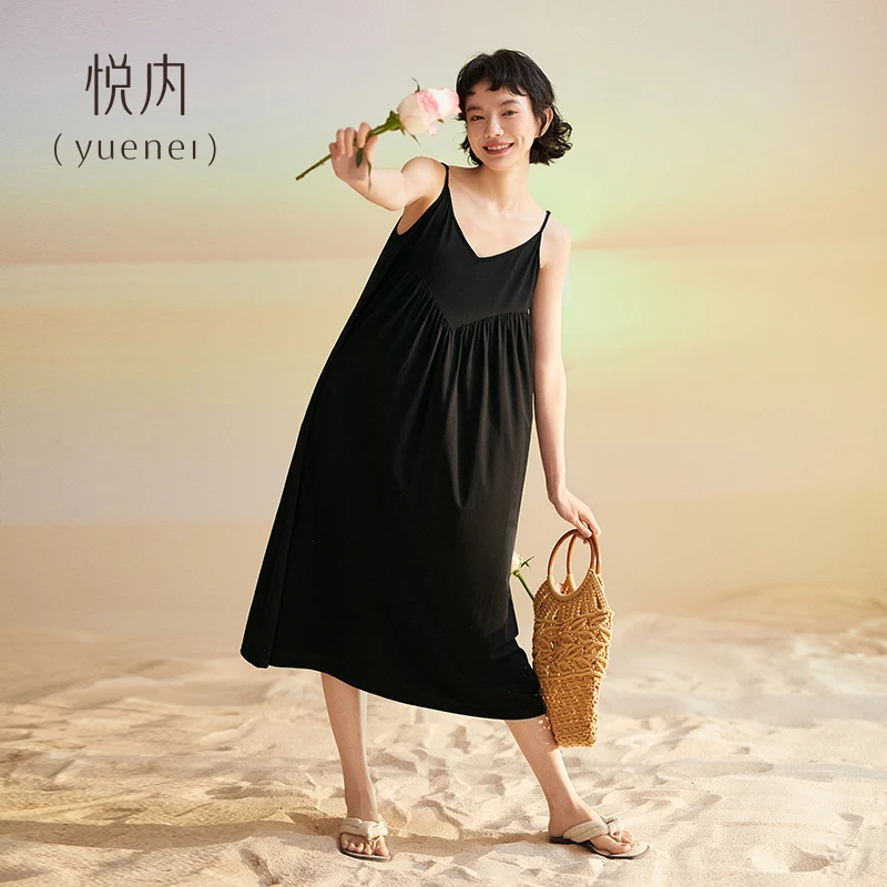 悦内【带胸垫】夏季女士睡裙莫代尔棉吊带背心性感黑色高级可外穿