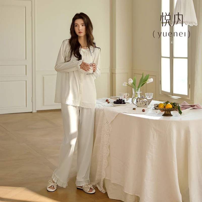 悦内春秋季甜美风长袖莫代尔棉女士家居服高级感白色法式宫廷风