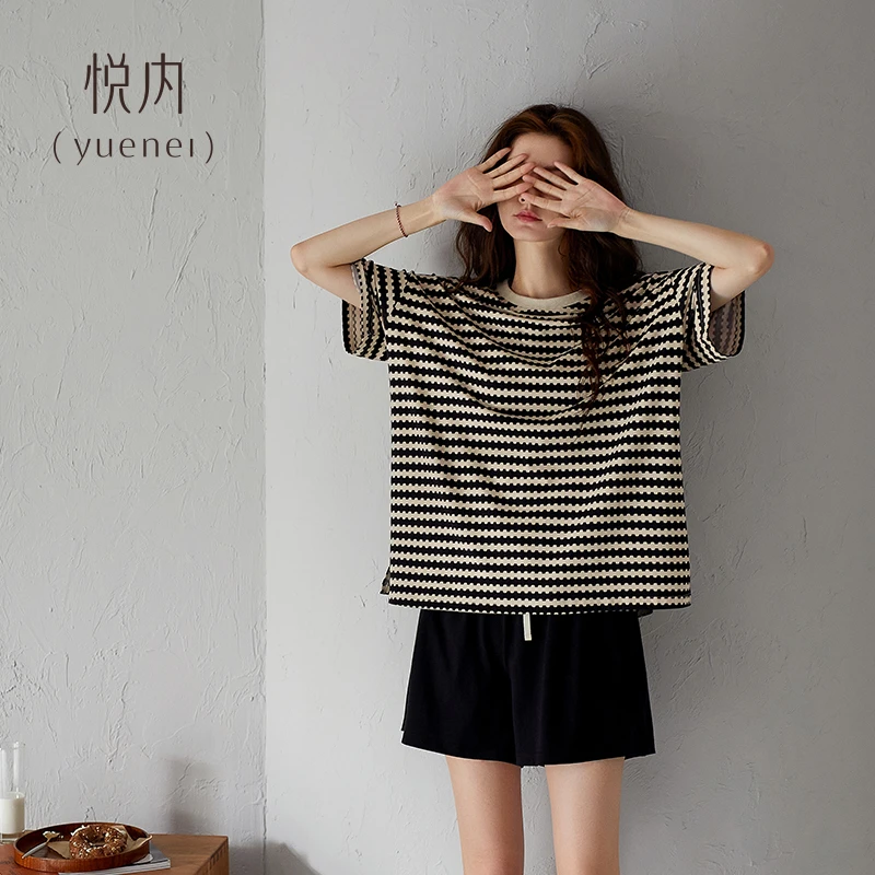 悦内睡衣女士夏季纯棉短袖短裤家居服夏款套头休闲女款条纹可外穿