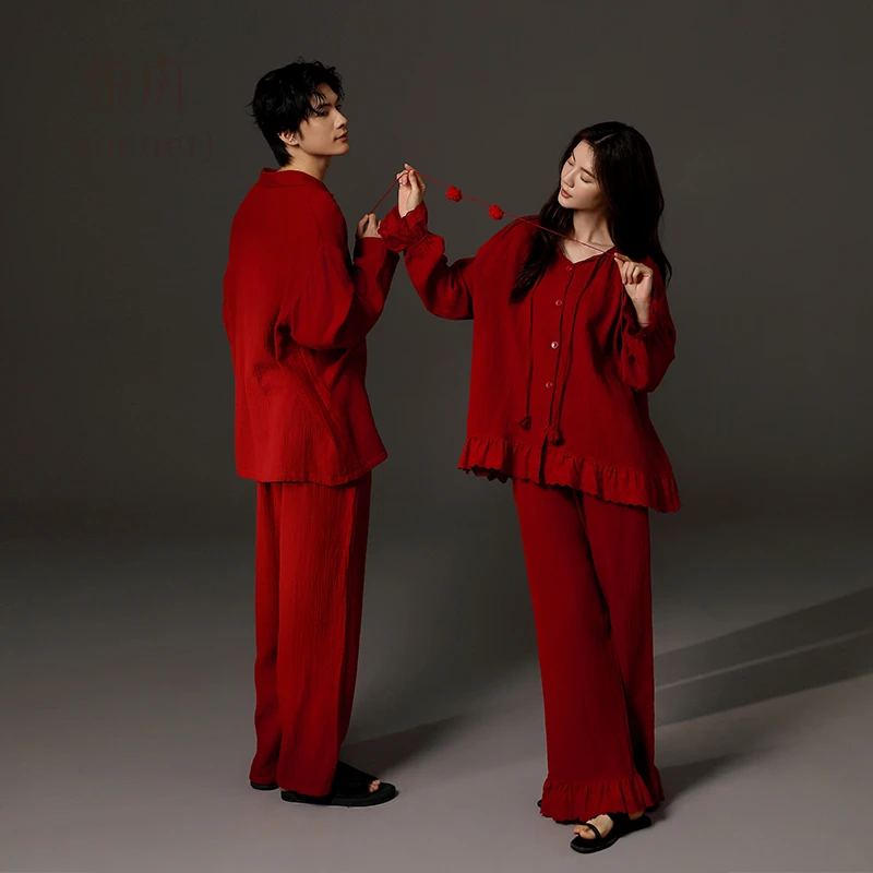 悦内红色睡衣结婚新婚情侣套装全棉纯棉春秋家居服男女一对本命年