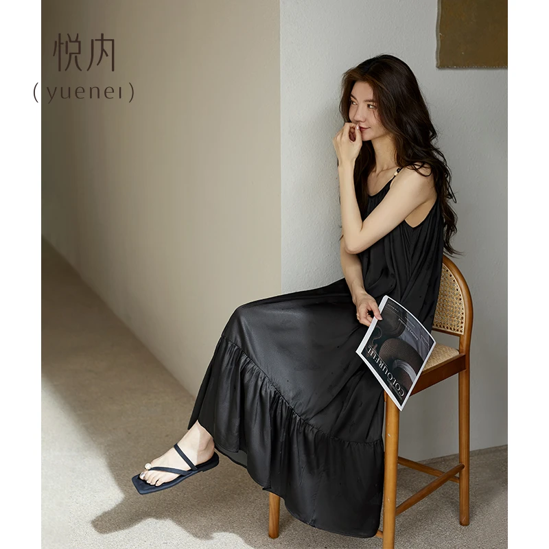 悦内睡裙女睡衣夏季吊带背心长款夏款黑色高级感休闲可外穿