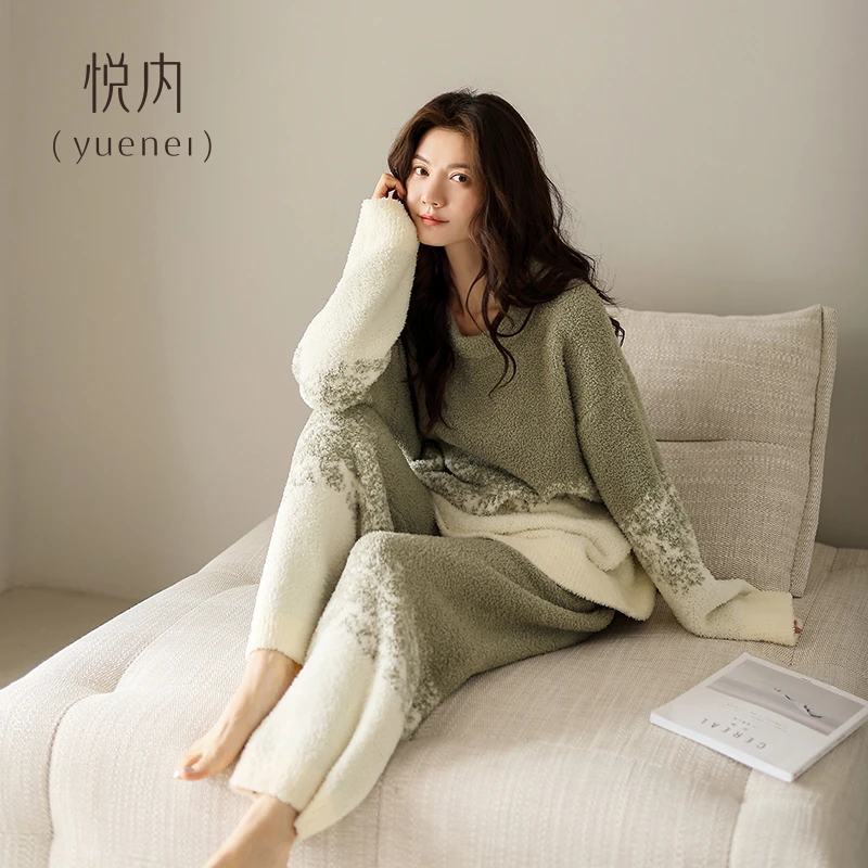 悦内半边绒睡衣女款秋冬季冬款珊瑚绒加厚毛绒冬天软绵绵家居服