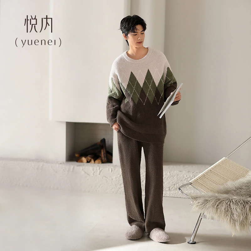 悦内半边绒睡衣男士秋冬季冬款珊瑚绒家居服男款套头可外穿厚套装