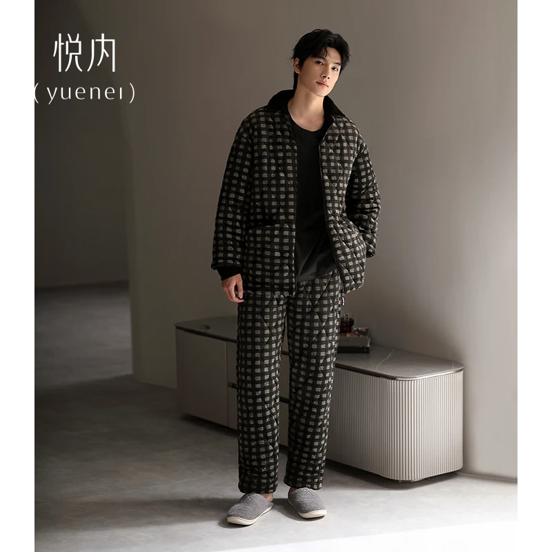 悦内【三层加厚】冬季加厚法兰绒男士家居服珊瑚绒夹棉格子保暖睡衣