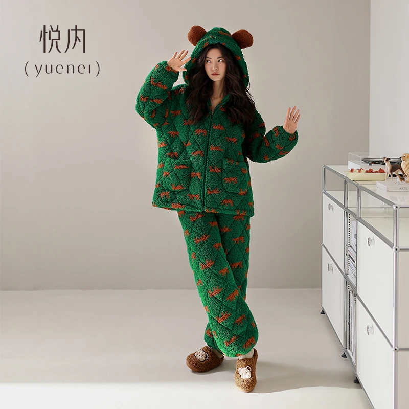 悦内【三层加厚】冬季法兰绒加绒珊瑚绒夹棉保暖棉袄家居服可外穿