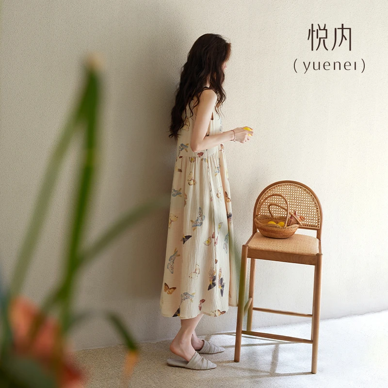 悦内睡裙女睡衣夏季纯棉纱布无袖背心全棉长款夏款夏天家居服蝴蝶