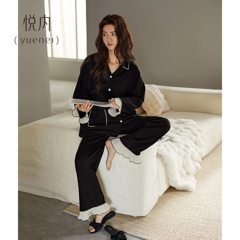 悦内春秋款纯棉长袖女士家居服法式小黑时尚高级感简约荷叶边睡衣