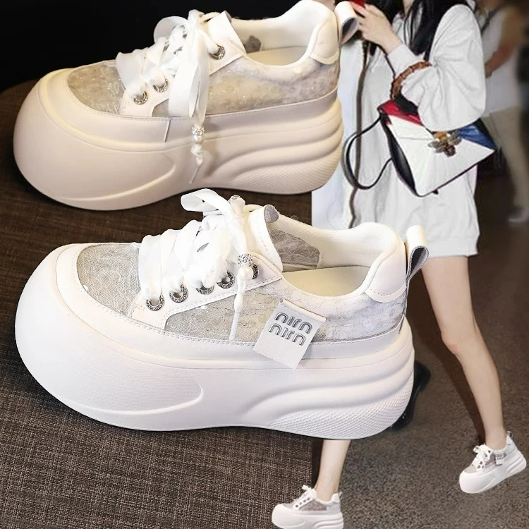 厚底板鞋女2025春季新款透气网纱矮子乐小白鞋软底内增高女鞋9cm