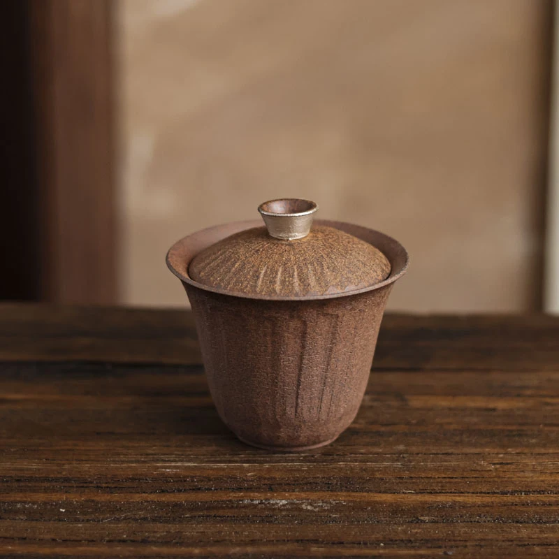 小黑有好器 灰念老岩泥禅意银盖碗-内老岩泥盖顶鎏银（Q2563）