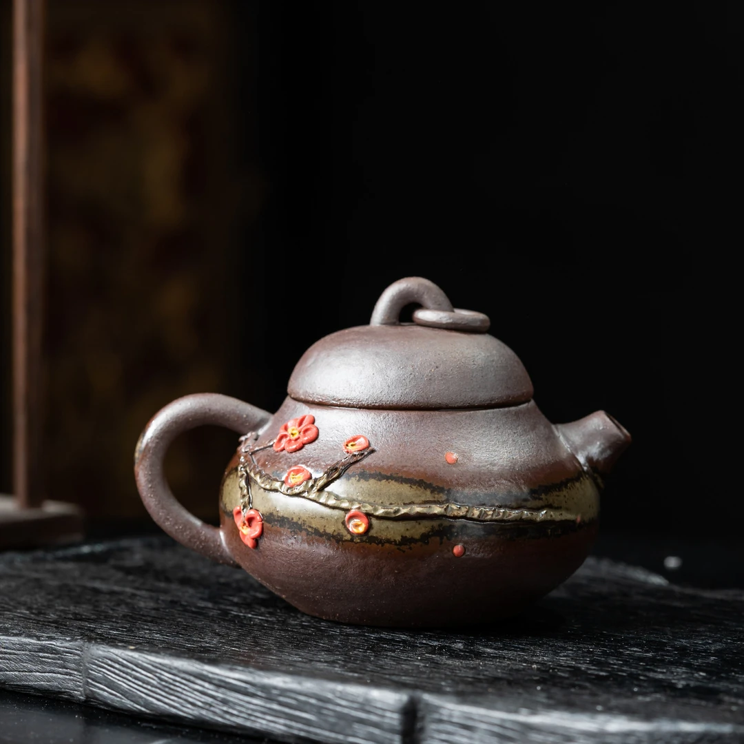 齊御 茶道器具原矿陶泥手工雕刻清水梨形梅花壶