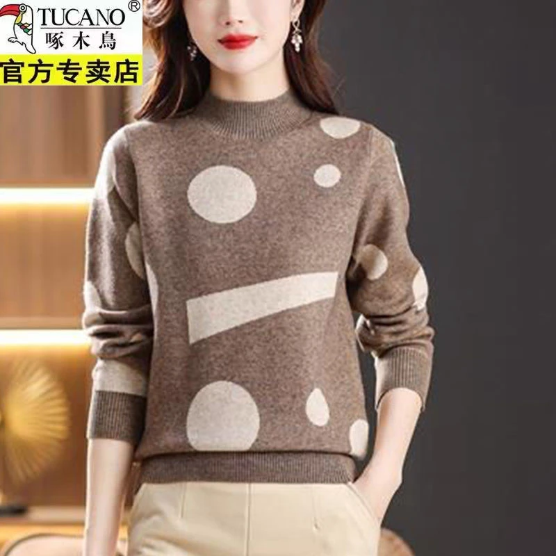 啄木鸟羊毛衫女高档内搭毛衣2023年秋冬新款半高领拼色针织打底衫