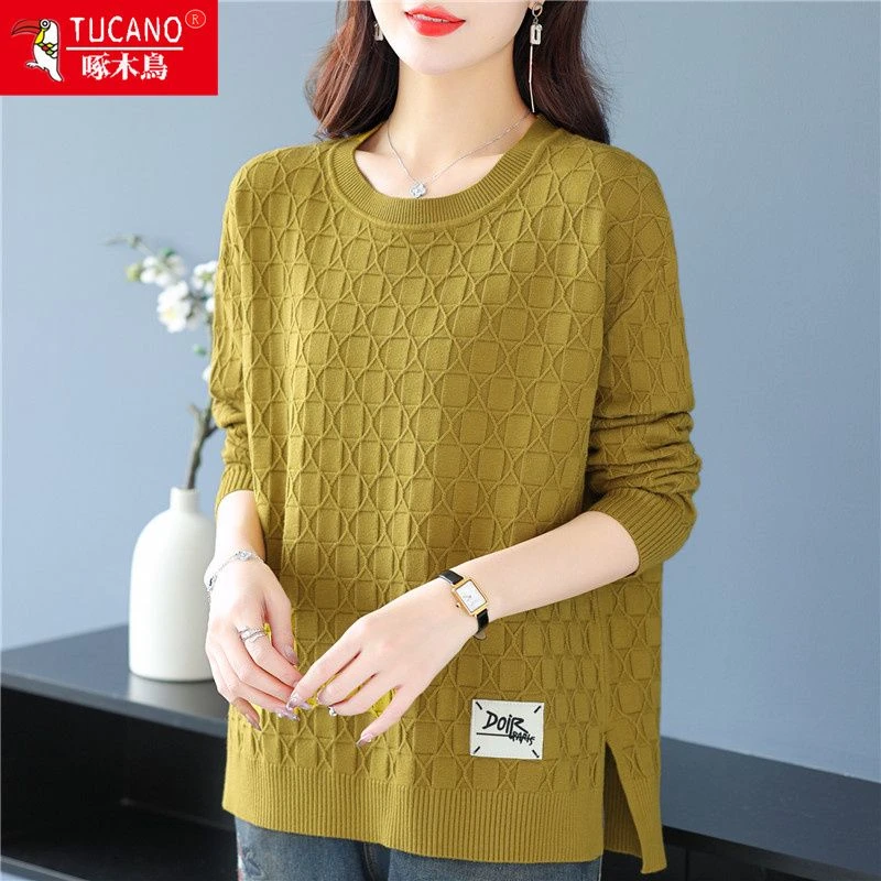 啄木鸟女士毛衣宽松外穿针织衫2023春秋款大码妈妈装打底针织衫