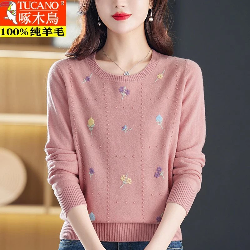啄木鸟100羊毛衫女秋冬洋气绣花毛衣大码圆领针织遮肚打底衫潮