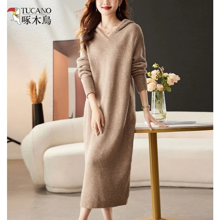 啄木鸟特大码女装长款羊绒卫衣连帽大码过膝羊毛衫遮肚200斤百搭