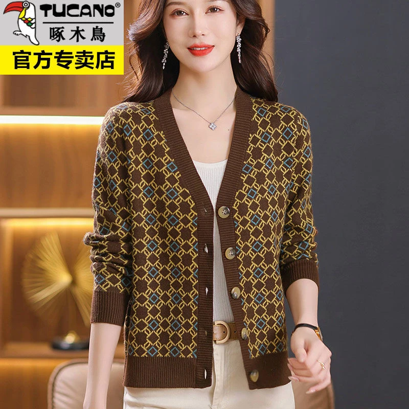 啄木鸟羊毛衫外套女上衣秋冬装洋气妈妈开衫百搭显瘦外穿宽松小衫