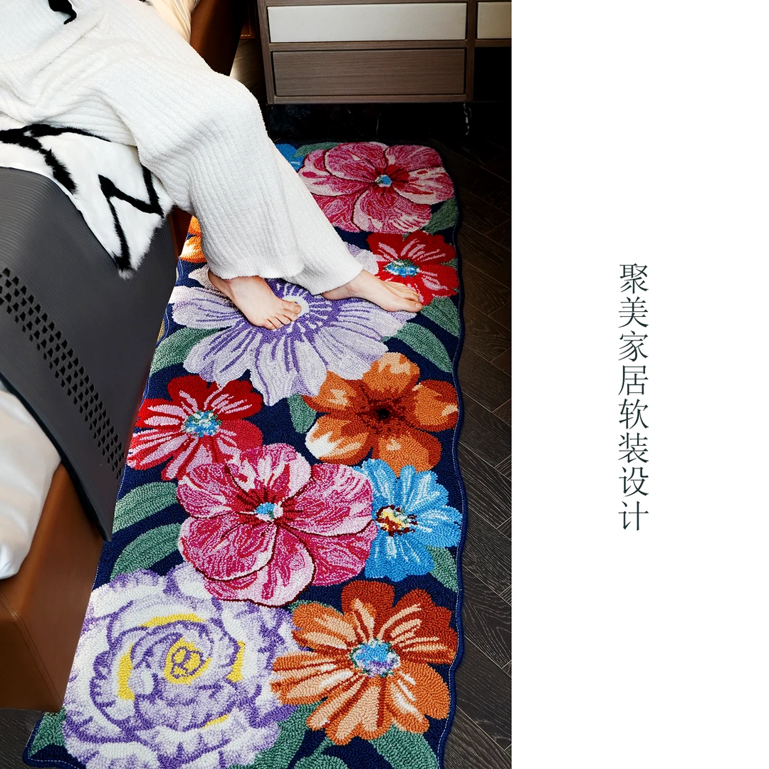 复古纯手工枪刺花朵美式地毯床边毯卧室轻奢圆形防滑茶几垫地毯