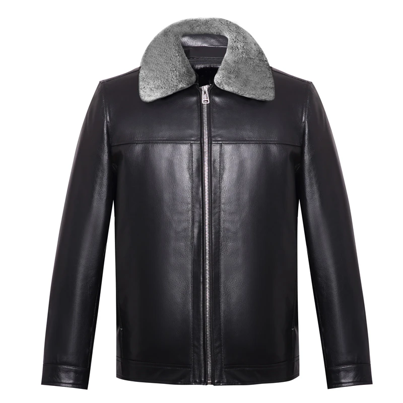 真皮皮衣男牛皮羊毛内胆中老年羊毛加厚内胆保暖冬季短款皮夹克