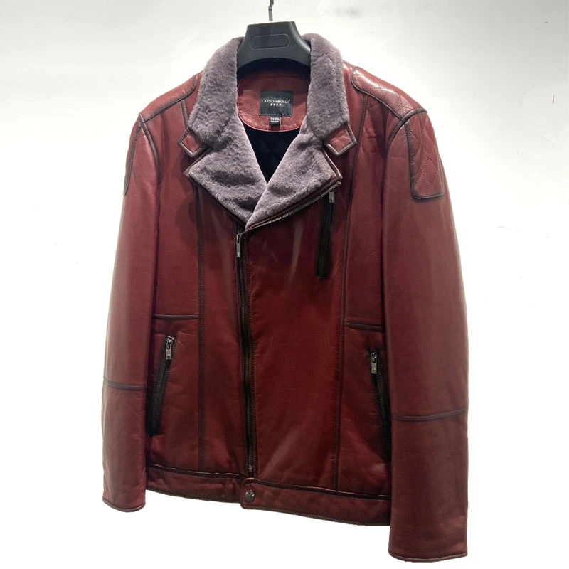 海宁真皮皮衣男山羊皮羊毛领加棉短款男士机车真皮夹克皮草外套冬