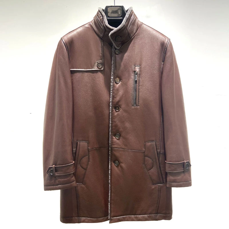 海宁真皮皮衣男中长款山羊皮羊毛内胆皮毛一体男士冬季真皮夹克潮