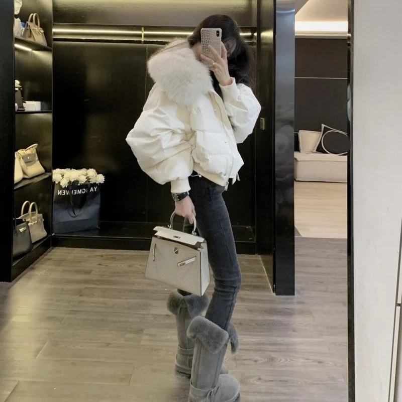 韩系学院风大毛领短款面包服女2024冬季新款宽松小个子加厚短外套