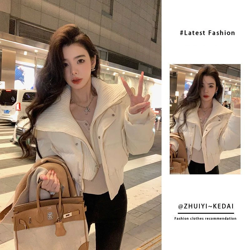冬季设计感翻领短款棉服女2023新款洋气款棉袄小个子棉衣外套