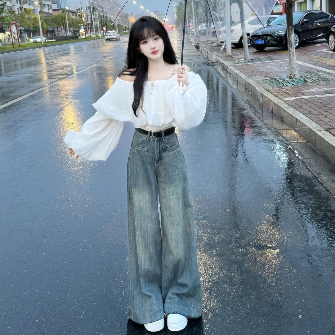 白色一字肩长袖衬衫女夏季法式气质高级感灯笼袖衬衣修身短款上衣