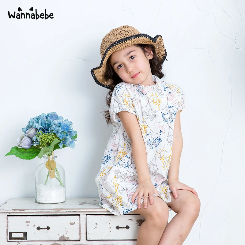 Wannabebe夏季新款女童荷叶领花色淑女小清新连衣裙W29ABL089