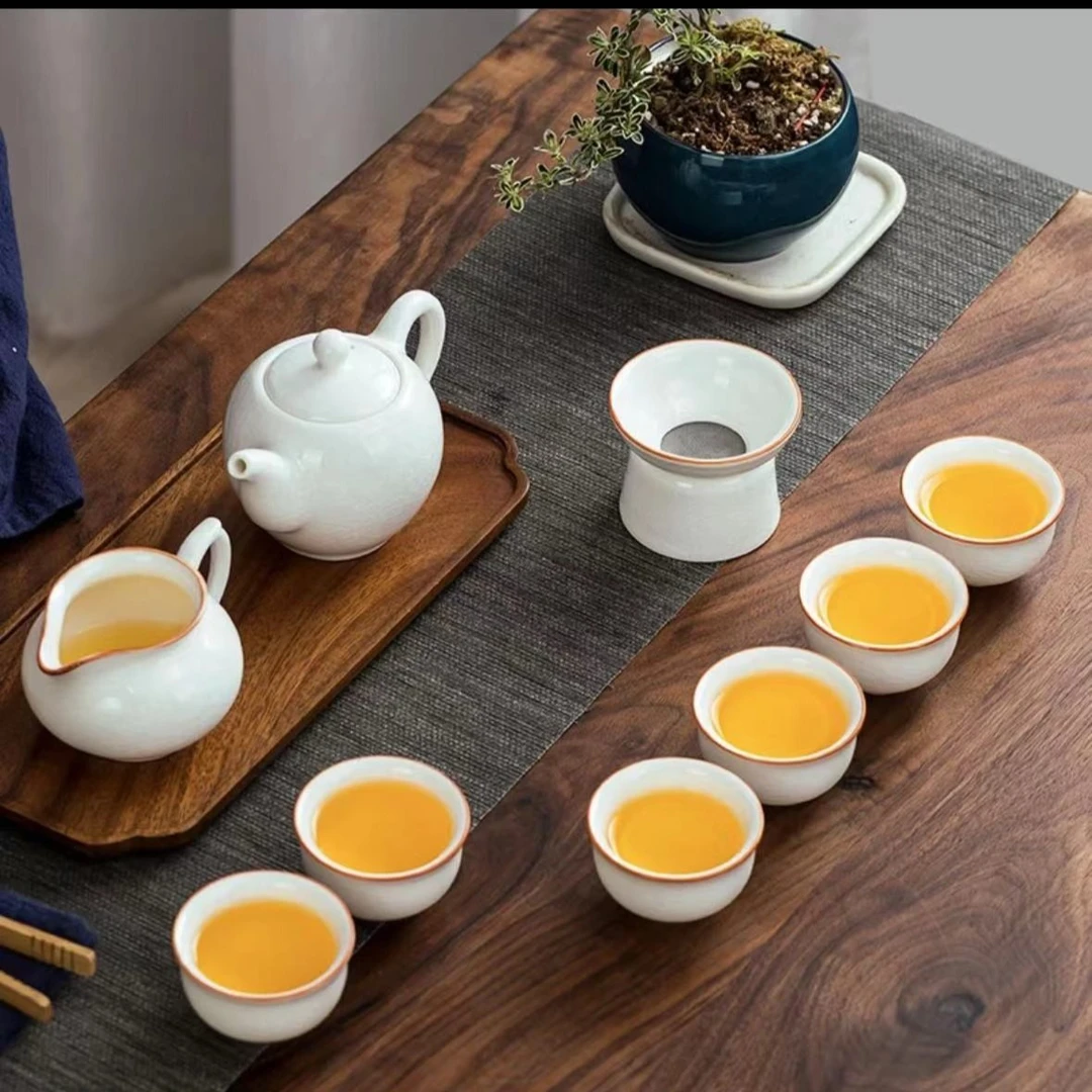 月白汝窑茶壶茶具套装陶瓷开片可养金丝铁线茶具套装精美白瓷盒装