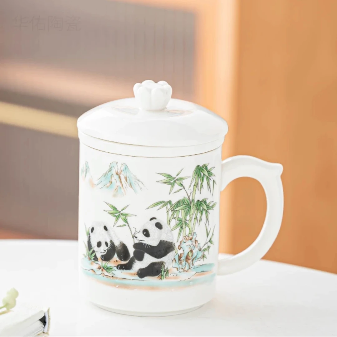 羊脂玉白瓷熊猫办公杯茶水分离陶瓷水杯大容量带盖杯子马克杯定制