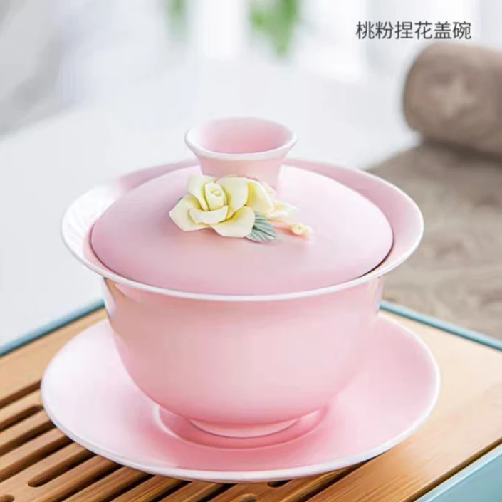 粉色手工捏花汝窑盖碗陶瓷三才盖碗茶壶单杯主人杯个性品茗杯定制