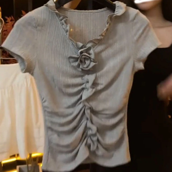 0671玫瑰V领短袖t恤女时尚2025新款荷叶边设计感小众修身显瘦上衣