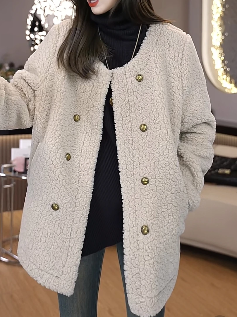 小香风羊羔毛外套女秋冬2023新款宽松今年流行皮毛一体中长款大衣