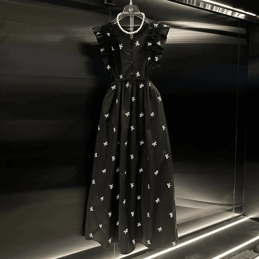 8895蝴蝶结圆领印花拼接2025新款时尚小飞袖洋气减龄小黑裙中长款