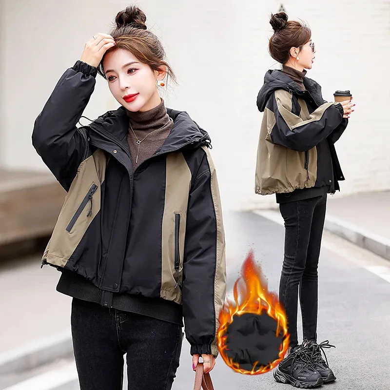 撞色派克大码女棉衣女短款小个子2023冬季新款加厚保暖冲锋衣外套